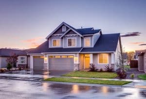 View of a modern house in twilight after a light drizzle