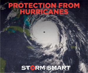 Satellite view of a hurricane with Storm Smart's logo