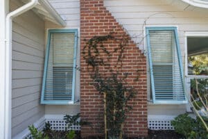 Teal bahama shutters on a home