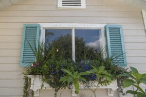 Teal colonial shutters on a home